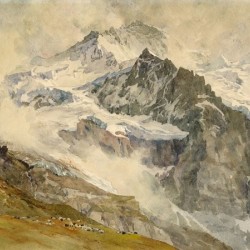 Alps with sheeps at the base of the mountain
